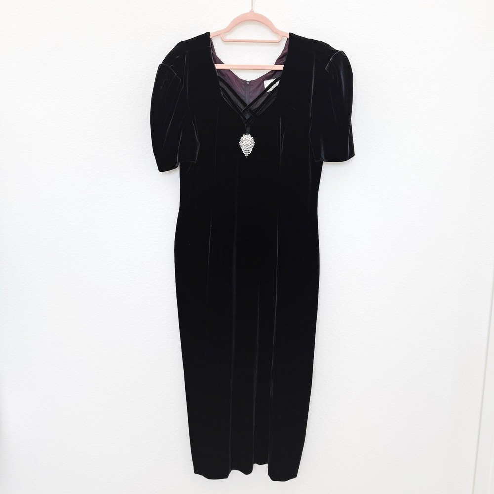 VTG‎ Sheena Dress Size M Black Velvet Rhinestone Puff Sleeve Whimsigoth 90s Glam
